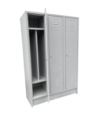 Kovinska garderobna omara s prekatom Kovinska vrstna garderobna omara s prekatom na sredini omogoča ločevanje umazanega in čistega perila. Na voljo za eno, dve ali tri osebe.